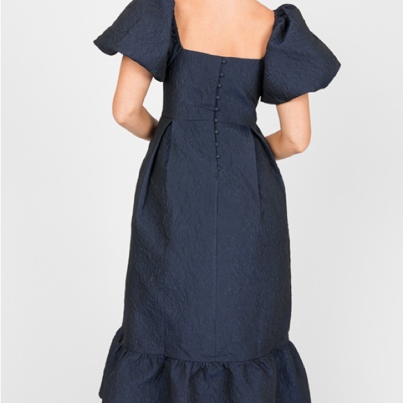 THML Navy Textured Midi Dress with Puff Sleeves - Picture 2 of 5
